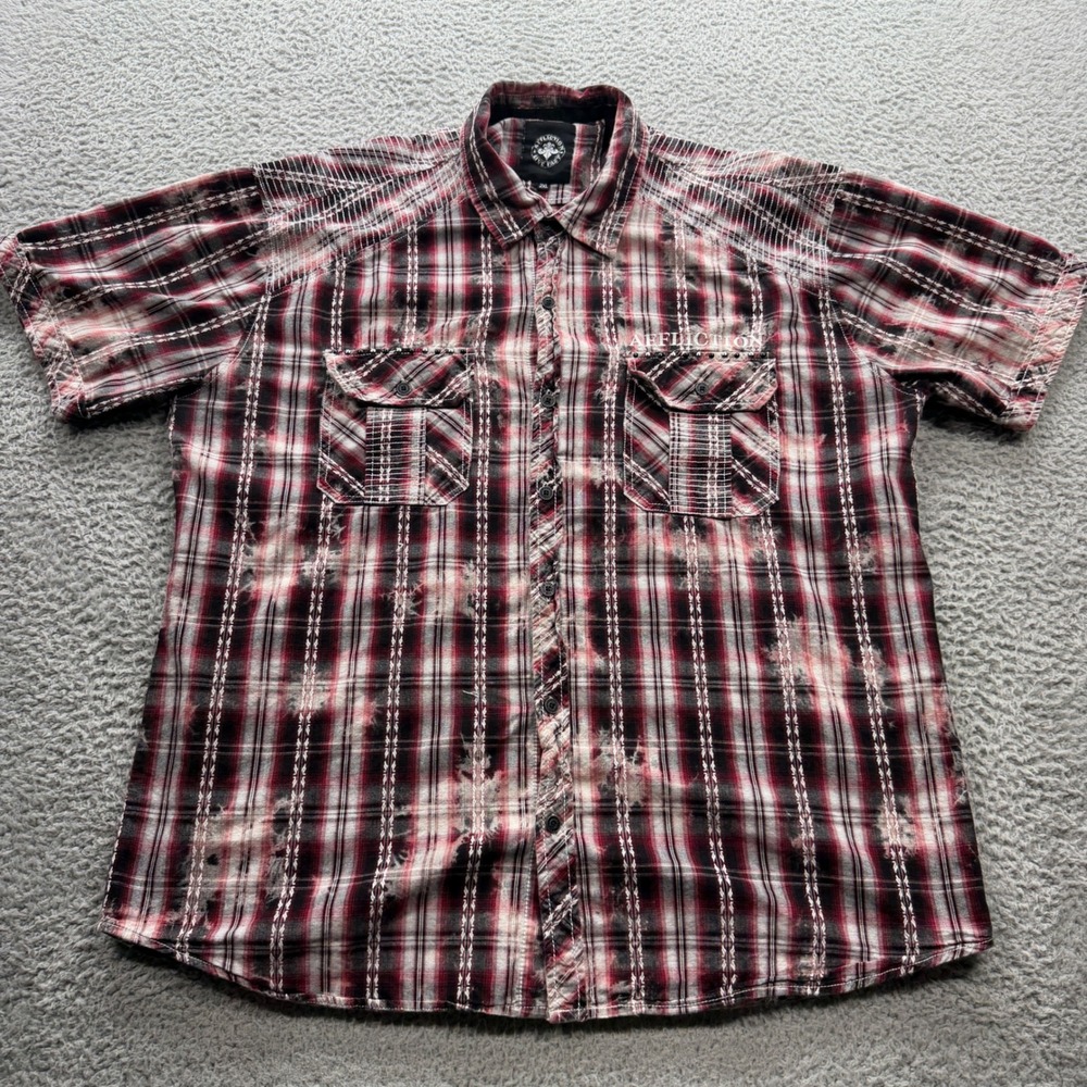 Affliction Button Down Mens 2XL Red Plaid Distressed Studded Short Sleeve Shirt